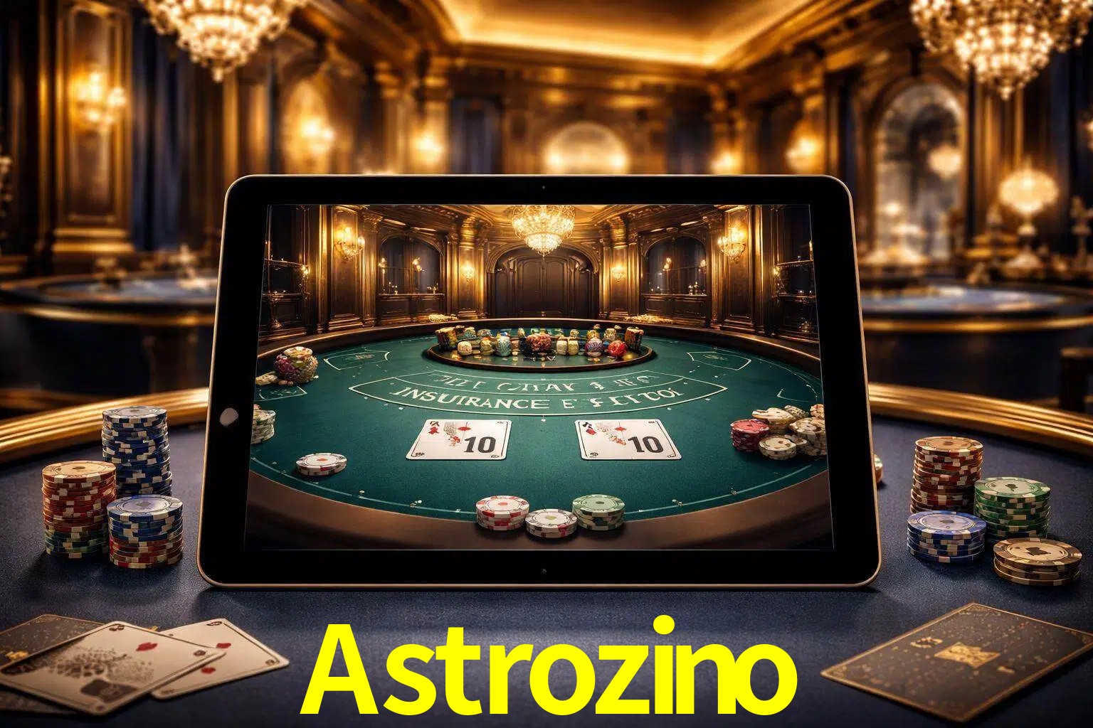 Configuración moderna de casino en vivo con una tableta mostrando una mesa de blackjack, luces cálidas de estudio y una atmósfera elegante de juegos digitales.