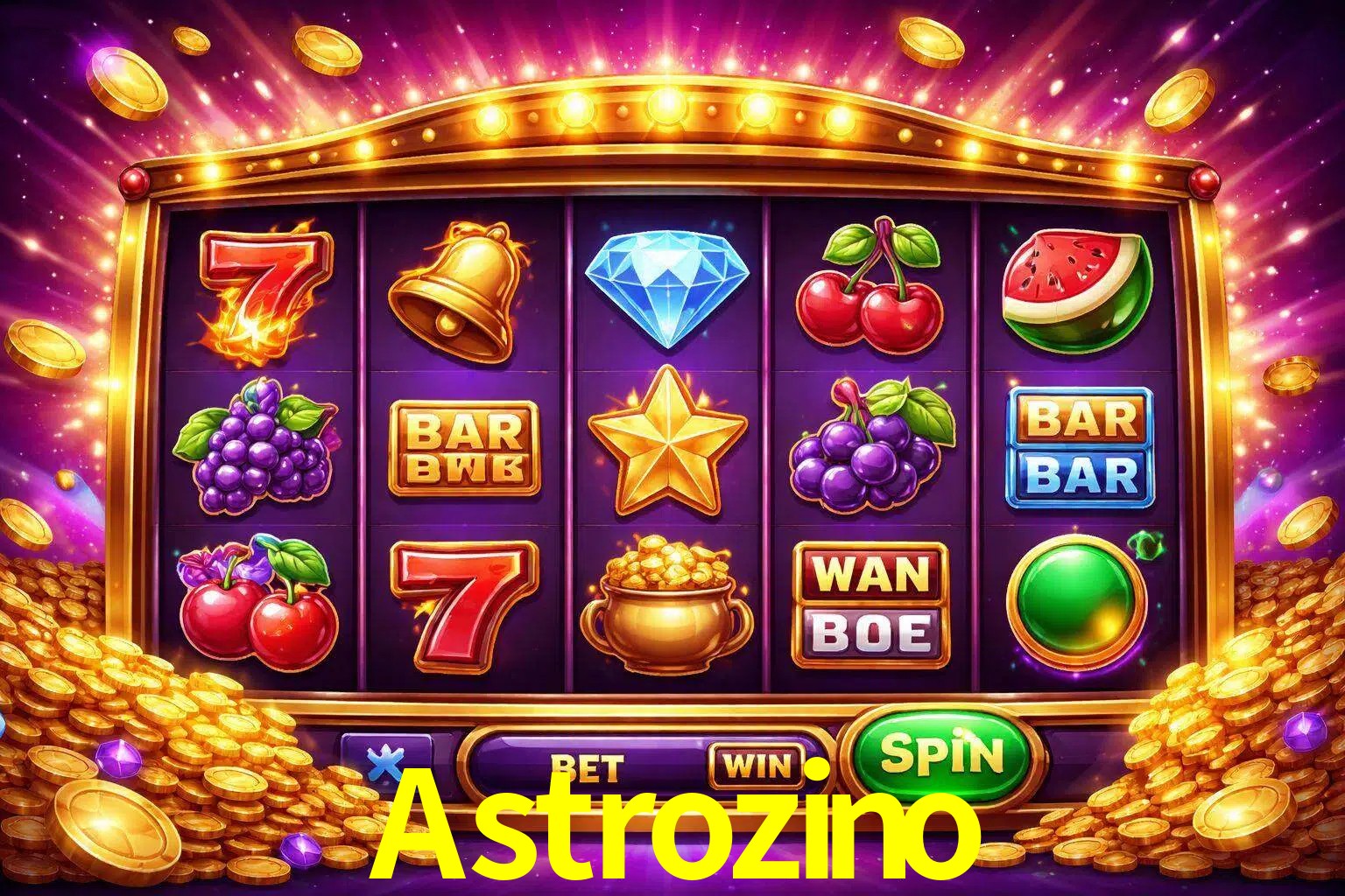 Una interfaz colorida de tragamonedas en línea con símbolos brillantes, monedas y un efecto de victoria celebratoria en Astrozino.
