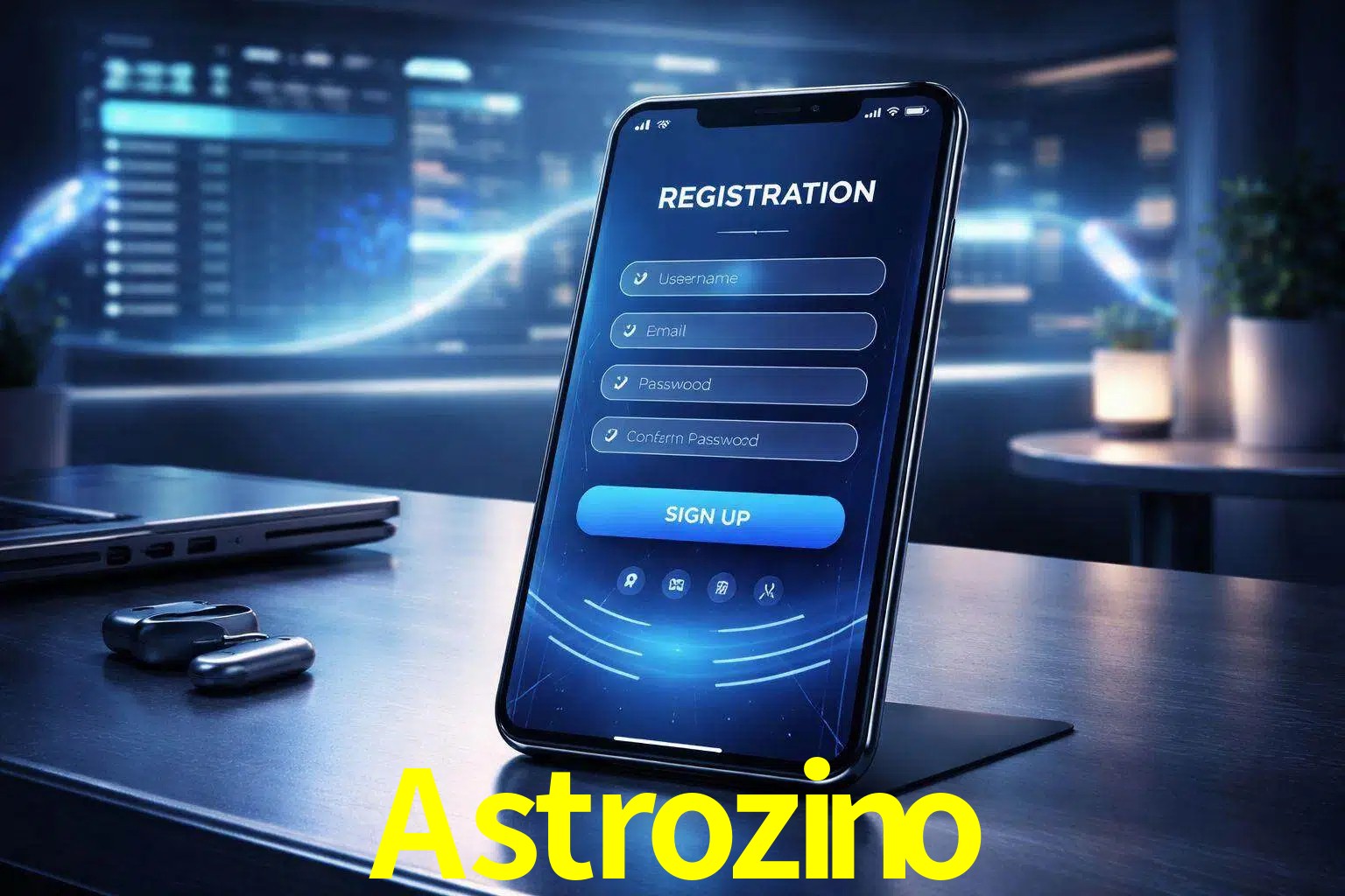 Una interfaz moderna de registro móvil para Astrozino mostrada en un smartphone con un panel de apuestas elegante.